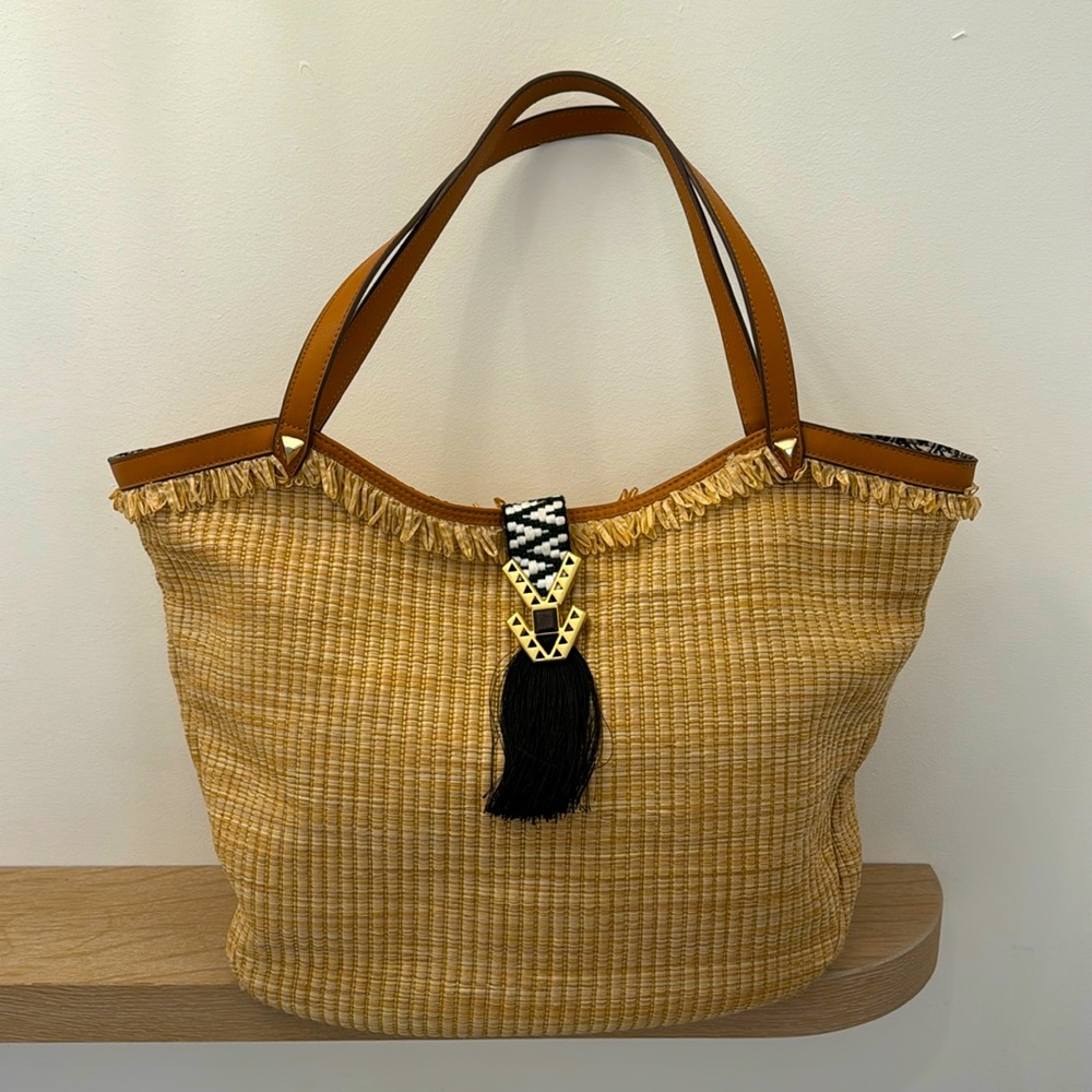 Stella & Dot Straw Tassel Riviera Tote Woven Aztec Accent Bag